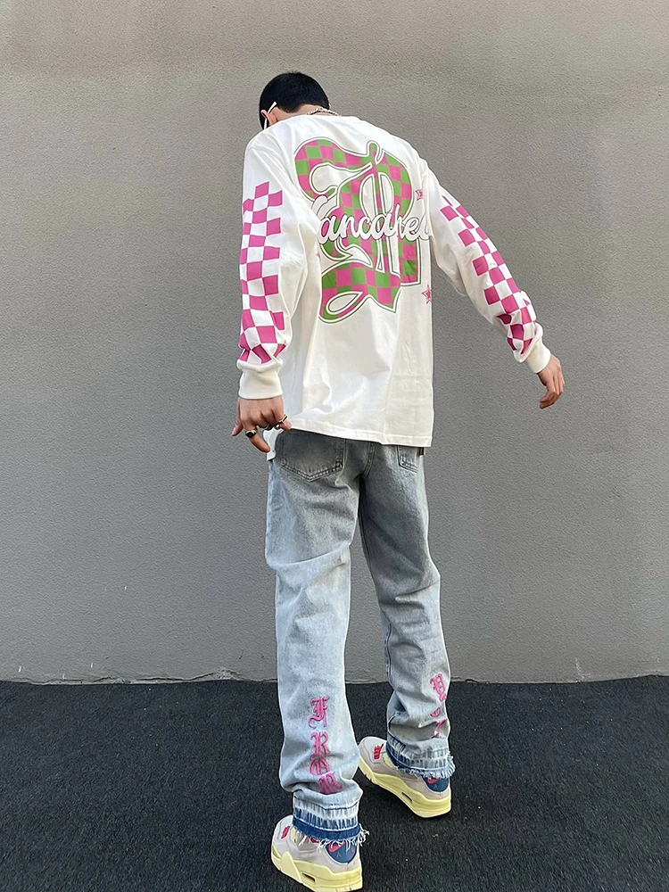 Y2K Retro Letter Embroidery Ripped Men's Jeans Harajuku Retro Straight Washed Pants Casual Oversized Denim Trousers Streetwear