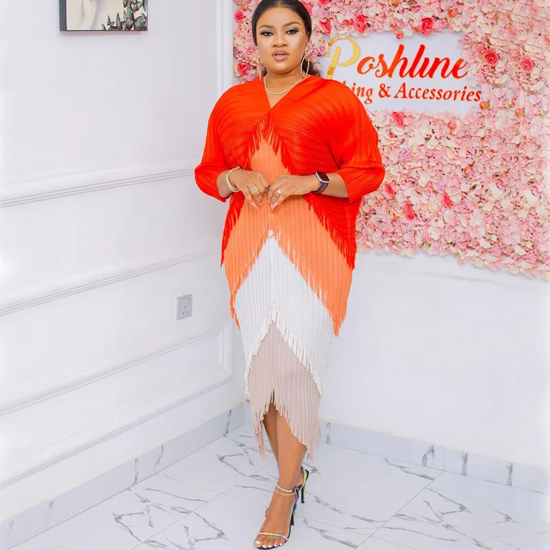 

African V-neck Dresses for Women Elegant Pleated Tassel Abaya Muslim Fashion Maxi Dress Kaftan Boubou Robe Africa Clothes