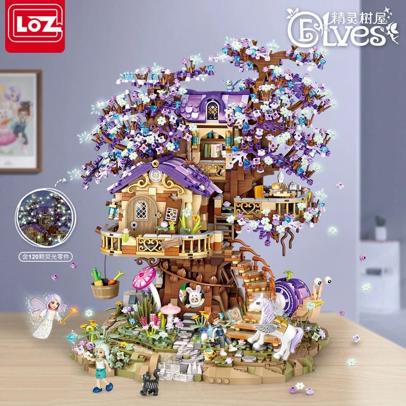 Купи 3991 шт. LOZ Mini Elf Tree House City Street View, строительные блоки, вишня модель цветов, DIY светящийся кирпичный дом для рождественских подарков за 3,959 рублей в магазине AliExpress