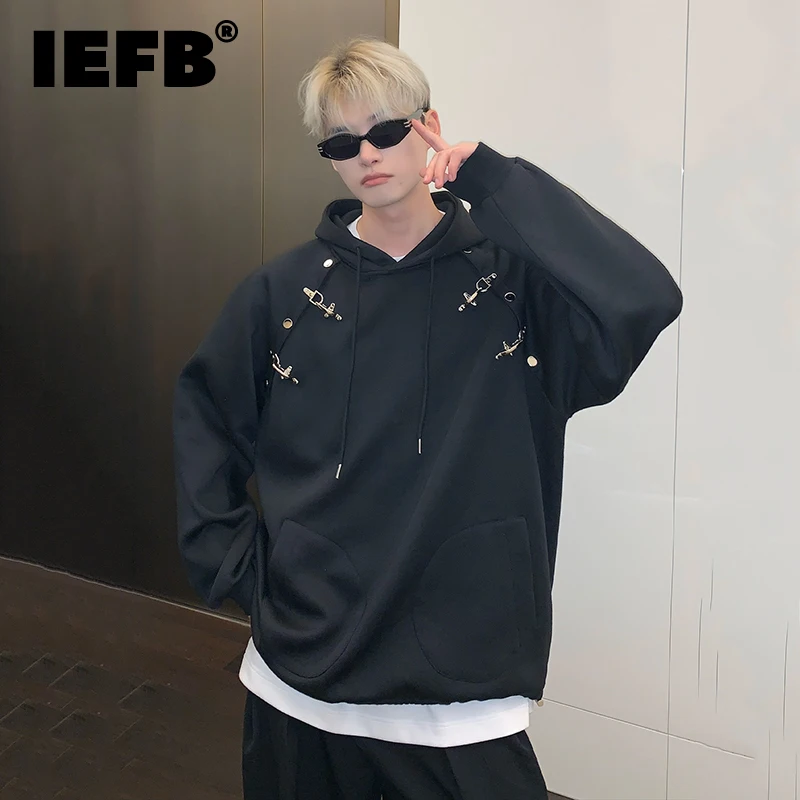 

Мужской свитер с капюшоном IEFB, черный Свободный пуловер с длинным рукавом, с металлической прострочкой, Осень-зима 2019