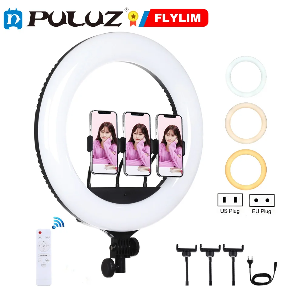 

PULUZ 18 inch 46cm Curved Surface USB 3 Modes Dimmable White LED Ring Vlogging Photography Video Lights with Remote Control