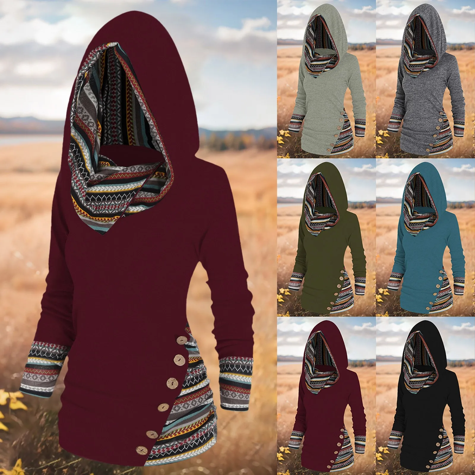 

Vintage Women Cosplay Medieval Renaissance Archer Costumes Hooded Robe Lace Up Pullover Long Hoodie Cloak Halloween Party Blouse