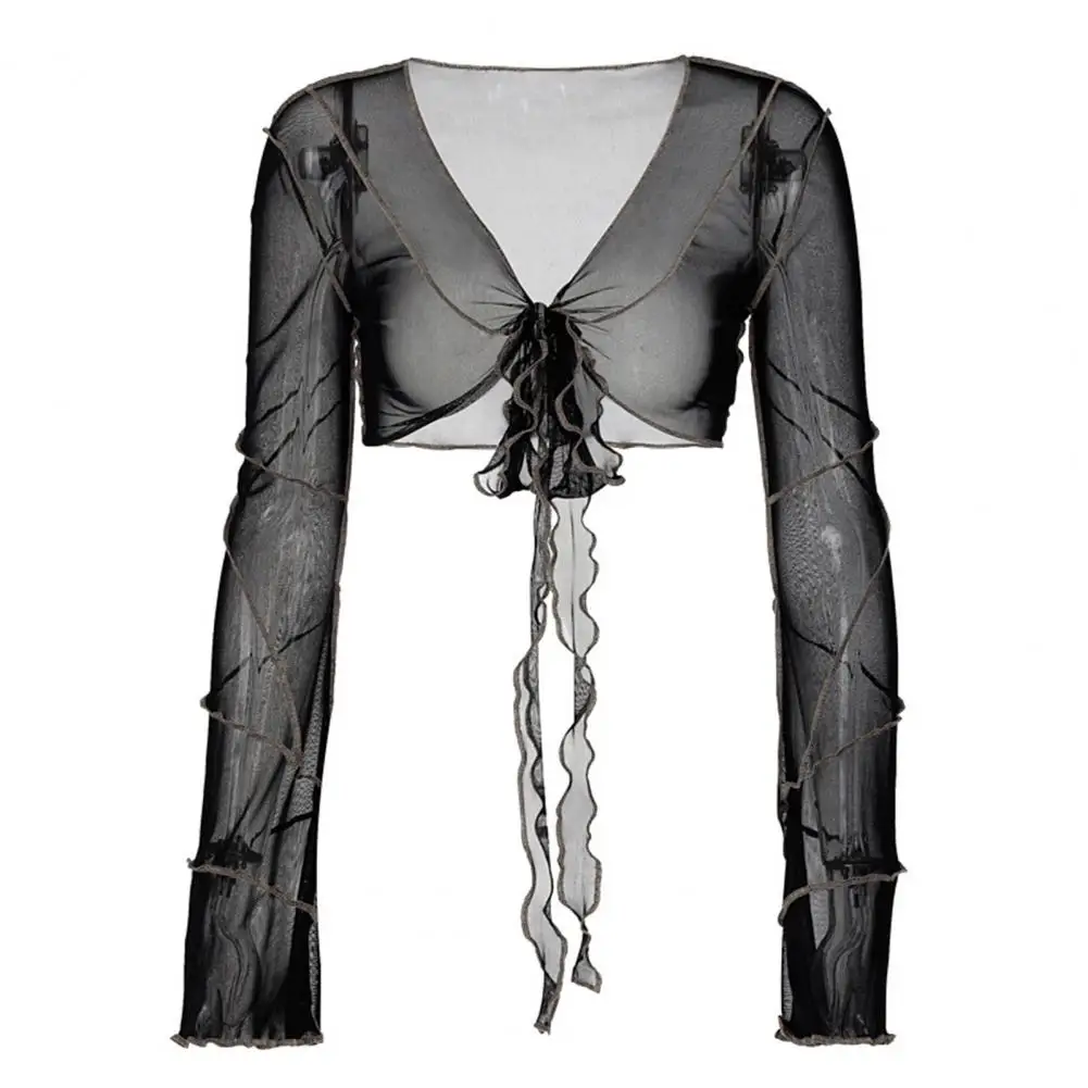 

New Women Sexy Sheer Mesh See-Through Crop Tops Deep V-Neck Flare Long Sleeve Tied Up Front Skinny Short Top Party Streetwear