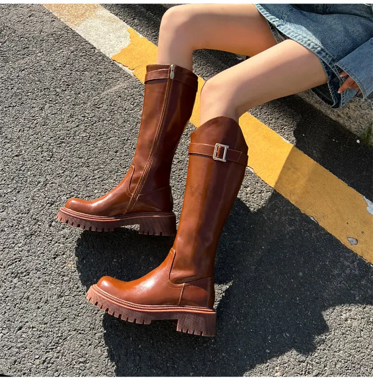 High Heels Thick Platform Long Boots Women 2022 Spring Autumn Pu Leather Motorcycle Botas Woman Back Zipper Thick Heeled Shoes