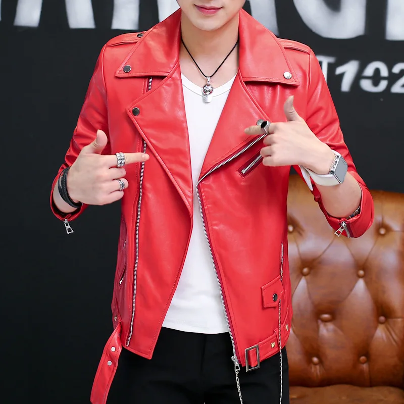 

New lapel leather jacket men's leather jacket short hansome casual jacket Korean style trend Slim handsome youth jacke