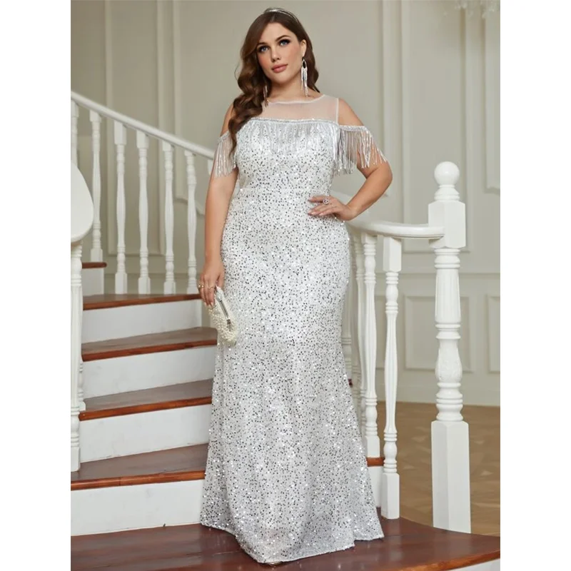 Plus Size Round Neck Sequin Loose Luxury Prom Evening Dress Wedding Party Plus Size Sleeveless Sequin Dress 4XL 5XL 10 Colors