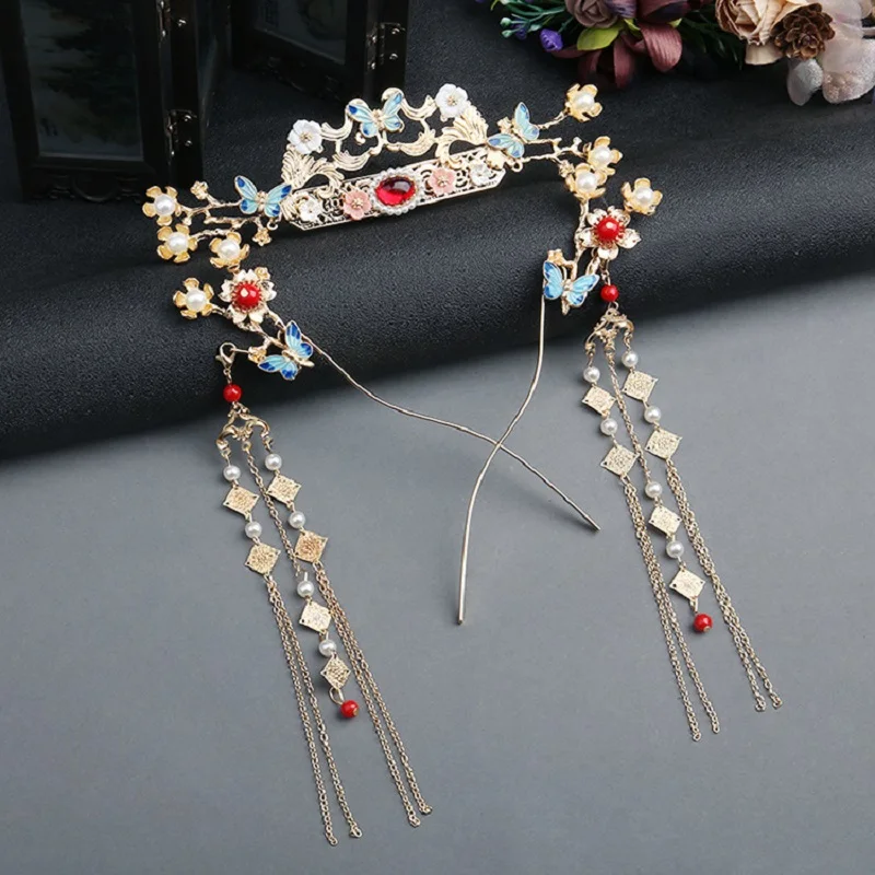 

Chinese Hanfu Headwear Golden Butterfly Hairpin Bride Xiuhe Clothing Crystal Hair Comb and Hair Accessories