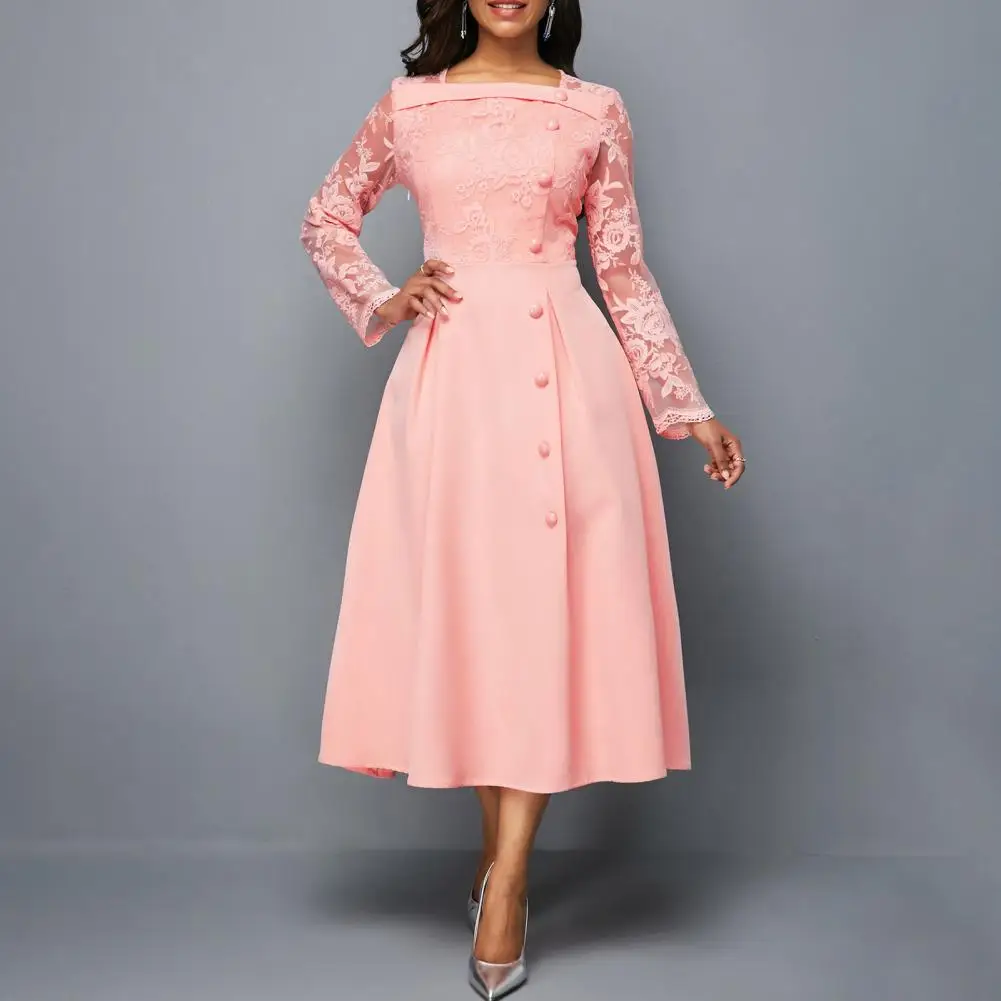 

Solid Color Long Sleeves Button Decor Party Dress Square Collar Lace Patchwork Summer Dress Elegant Temperament High Waist Dress