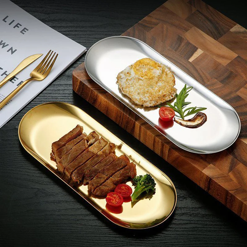 

Stainless Steel Gold Silver Dining Plate Dessert Plate Nut Fruit Cake Tray Snack Kitchen Plate Western Steak Kitchen Plate Dish