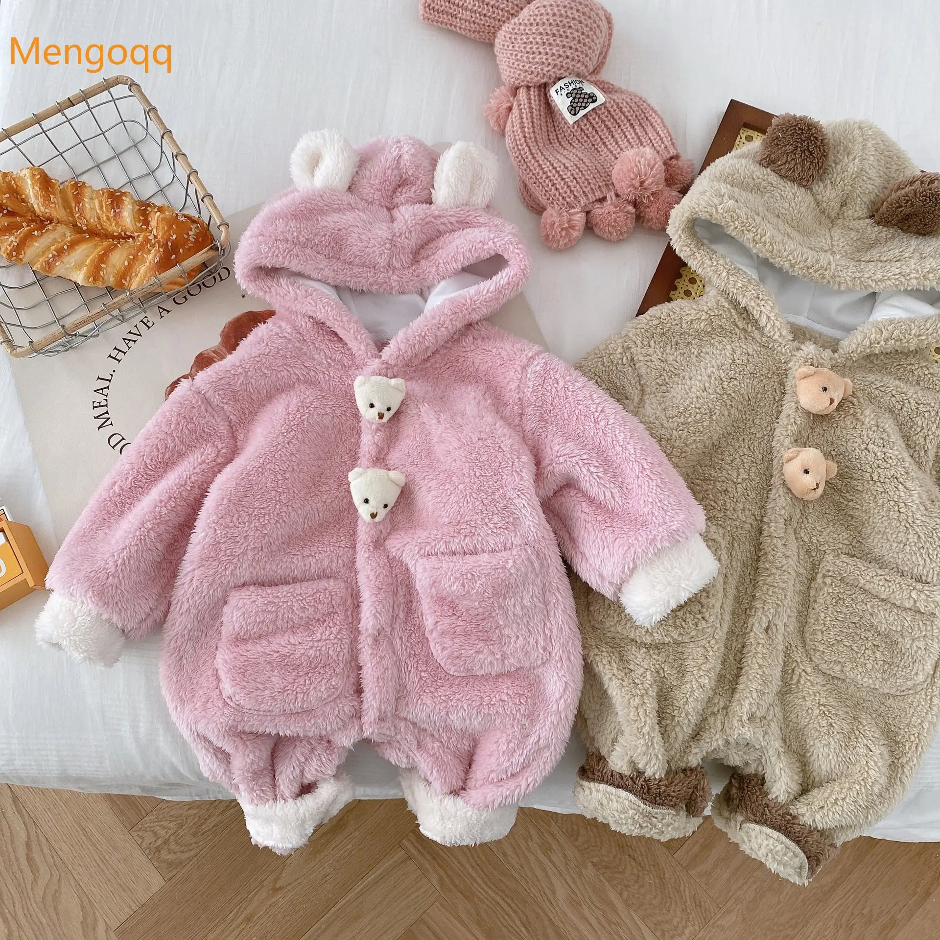 

Mengoqq Baby Newborn Girl Boy Winter Full Sleeve Hooded Solid Outwear Kids Infant Jumpsuit Stereo Cartoon Romper 0-24M