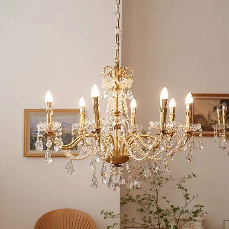 

American Copper Color Crystal Pearl Chandelier French Villa Living Room Luxury Atmosphere Creative Postmodern Lighting
