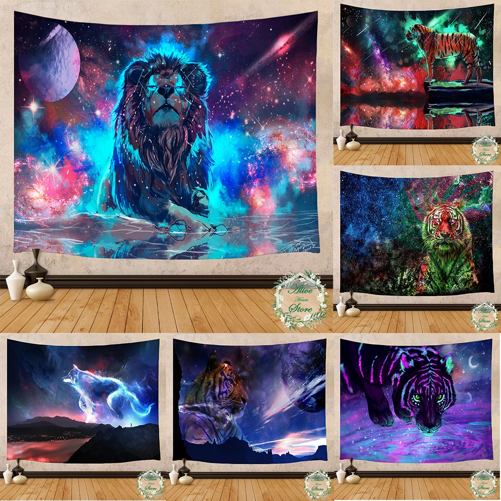 

Starry Animal Tapestry Fantasy Psychedelic Celestial Lion Tiger Wall Hanging Bohemian Decor For Bedroom Living Room Decoration