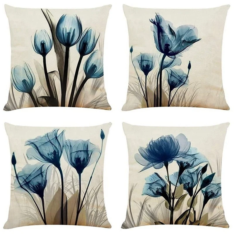 

Decorative Throw Pillow Covers Blue Flower Cushion Covers Linen Square Throw Pillow Cases For Living Room Pillowcases