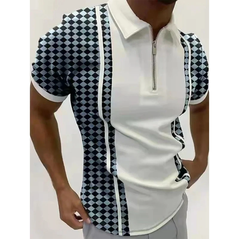 New Fashion Men's Clothing Polo Shirts Prom Stripe A Print Casual Short Sleeve Tee Shirt Men Turn-Down Collar Zipper Polo Tops images - 6