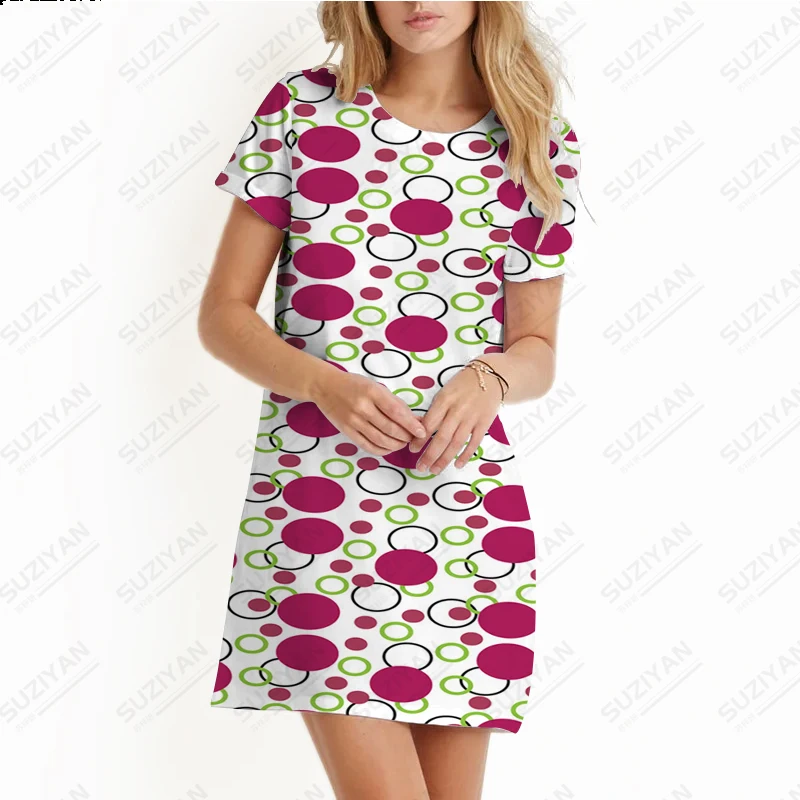 2023 Women's Summer New Colorful Dotted Beach Skirt 3D Printed T-shirt Women's Round Neck Casual Commuter Knee Length Skirt