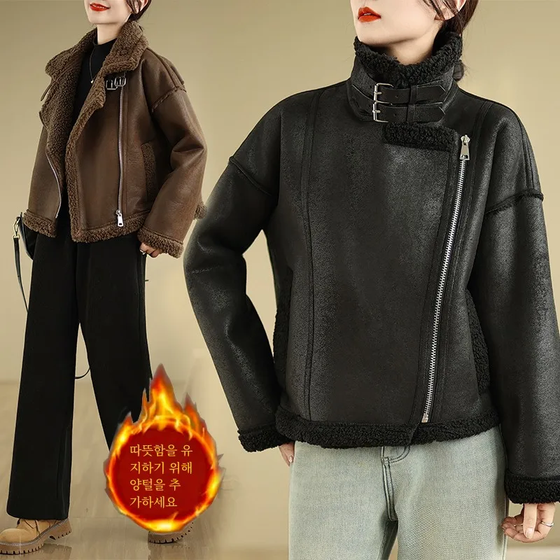 Leak-Picking ~ Design Sense Motorcycle Clothing Fur Integrated Short Berber Fleece Outerwear Women Winter Leather Coat Jacket...