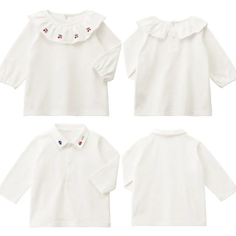 

Японские и корейские Детские рубашки блузки с вышивкой и воротником с оборками для девочек рубашка с длинным рукавом для мальчиков верхняя одежда