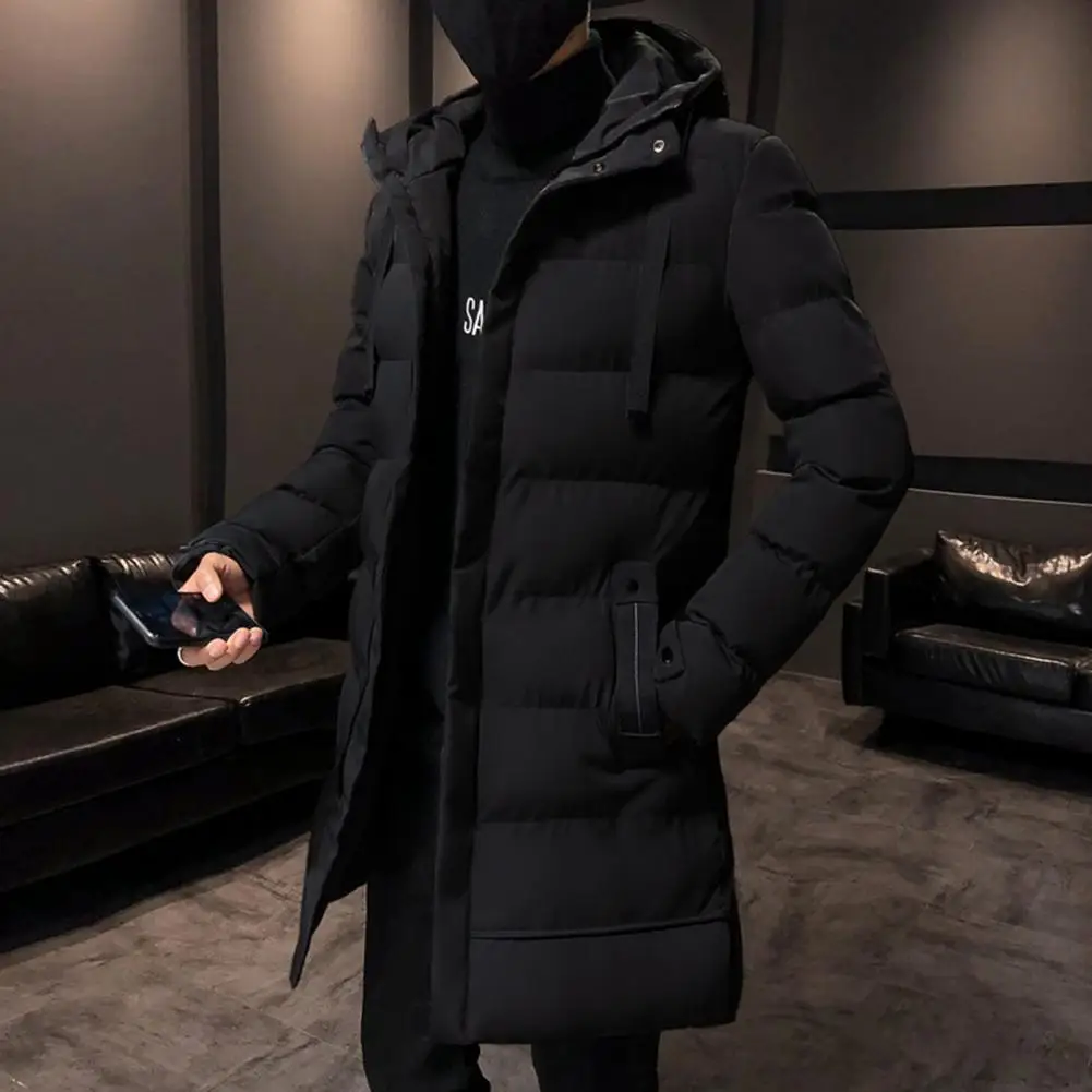 Autumn/Winter Men's Jacket Cotton Clothes Hooded Long Sleeve Drawstring Mid-Length Trench Coat Parka Parka Men's Long Trench Coa