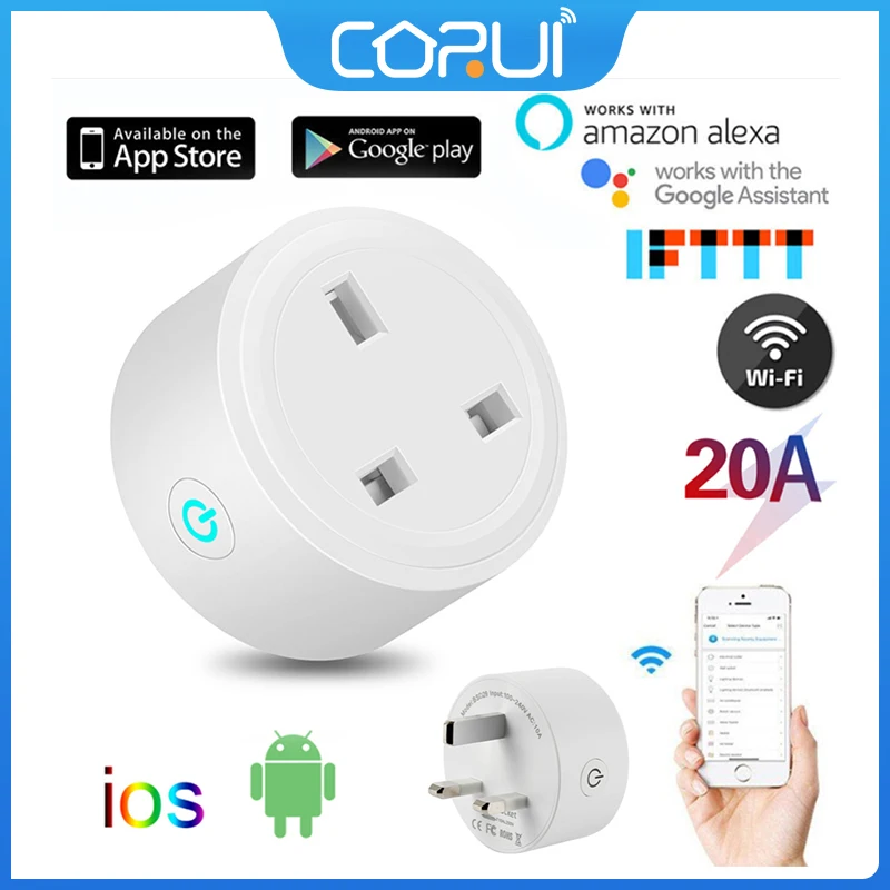 

CoRui Mobile APP WIFI Bluetooth-compatible Wireless Remote Socket Smart Timer Plug Home Fire Retardant PC Smart 20A UK Plug