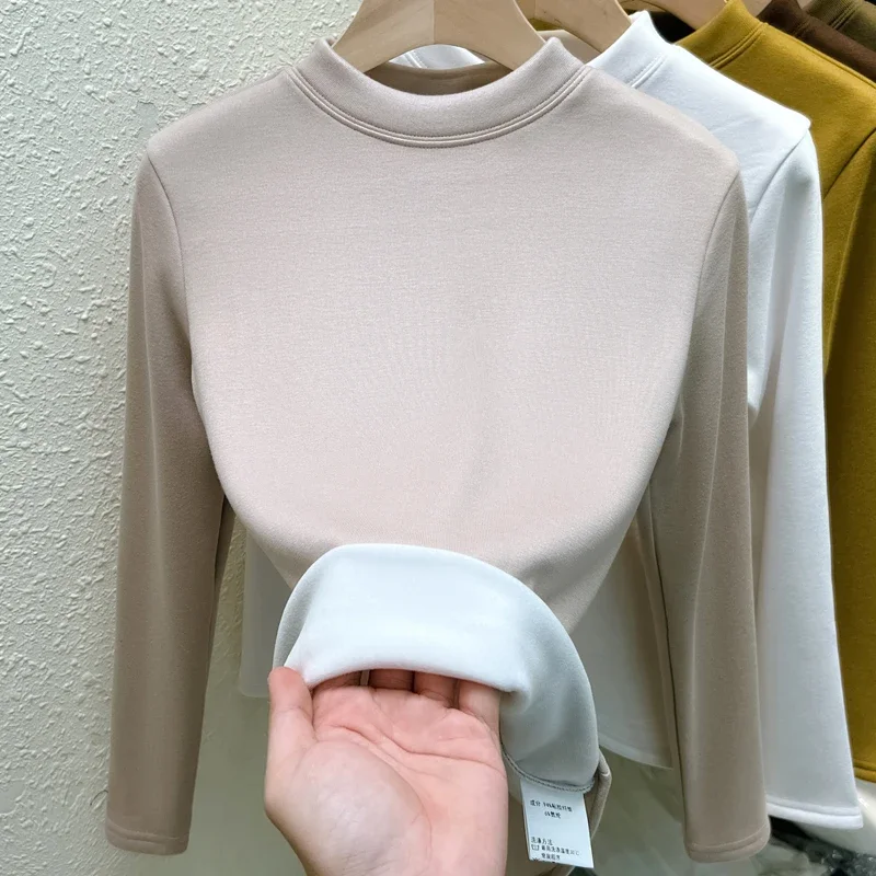 Модная женская блузка с воротником-стойкой белая бархатная утепленная длинным