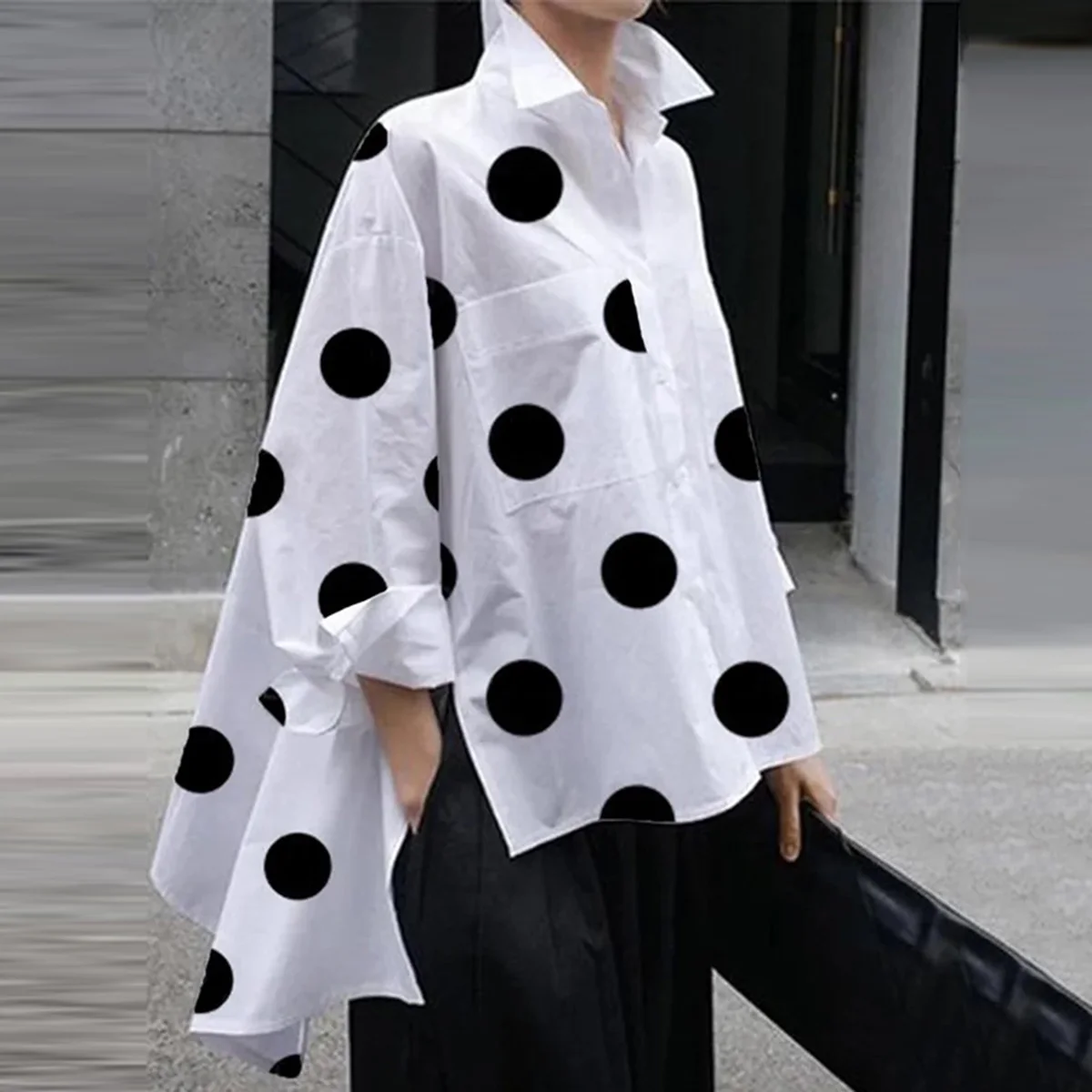 Yeezzi Polka-Dot Blouse Split-Side Lapel Long Sleeves Fashion Buttoned High-Low Casual Simple Office Lady Shirts For Women 2022