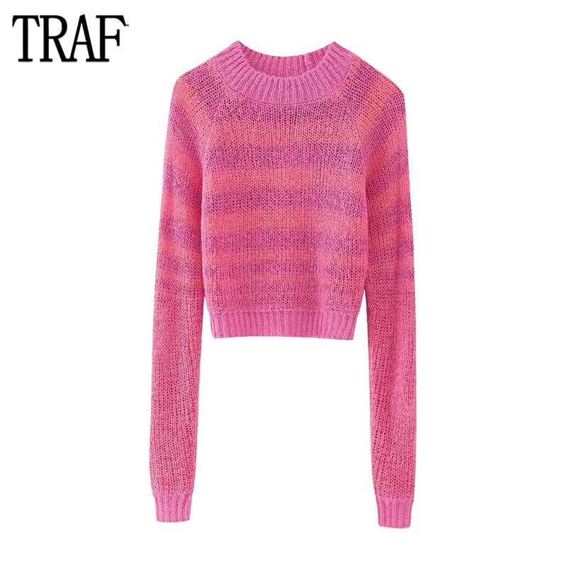 

TRAF Striped Cropped Sweater Women Pink Pullovers Knitted Sweater Woman Long Sleeve Sweaters for Women Autumn Ribbed Jerseys