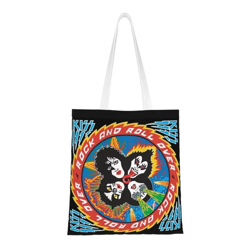 

Recycling Rock Demon Kiss Band Rock And Roll Shopping Bag Women Canvas Shoulder Tote Bag Portable Grocery Shopper Bags