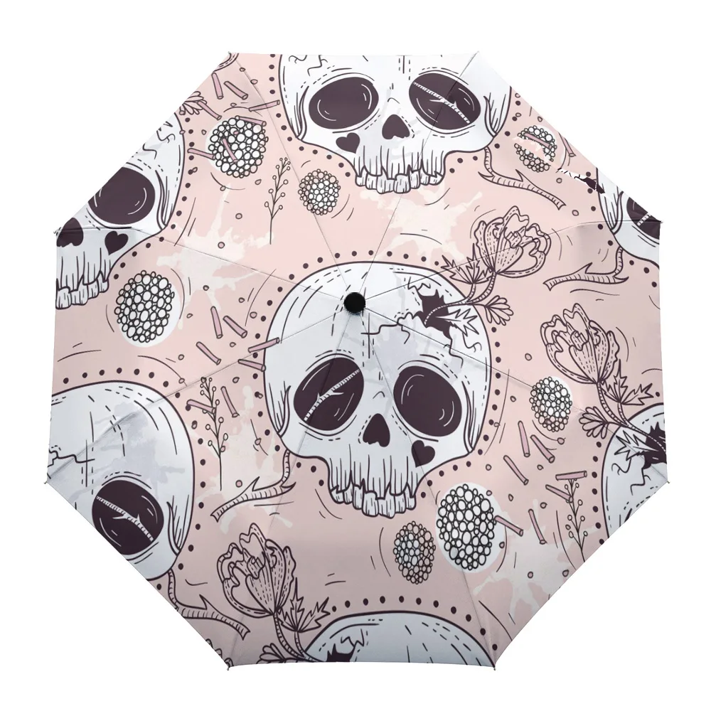 

Skull Pink Flower Tattoo Rain Foldable Umbrella for Women Males Eight Strands Sunny Umbrella Fully-automatic Umbrella