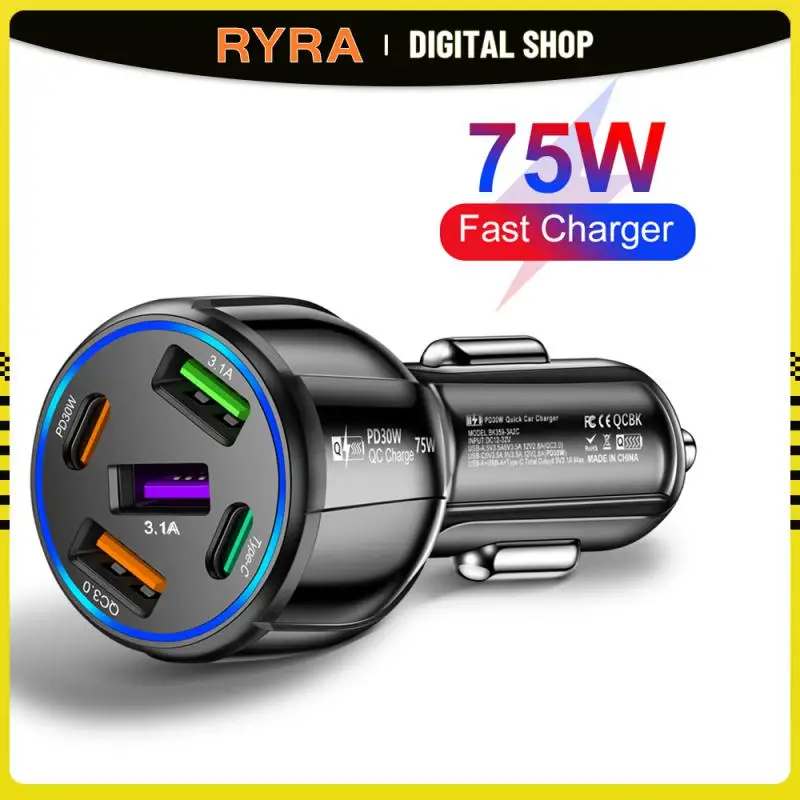 

RYRA 5Port 75W Car Charger Fast Charging PD QC3.0 USB C Car Phone Charger Type C Adapter In Car For Iphone Samsung Huawei Xiaomi