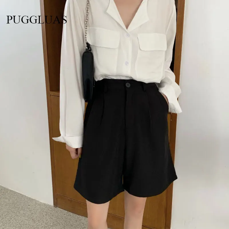 Korea Summer Women Wide Leg Suit Shorts Office Lady High Waist Khaki Shorts Oversize Loose Button Black Classic Casual Shorts
