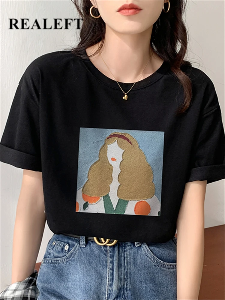 

REALEFT Summer 2022 New Cartoon Printed Women's T-shirts Vintage Cotton O-Neck Short Sleeve Casual Loose Female Basic Tops
