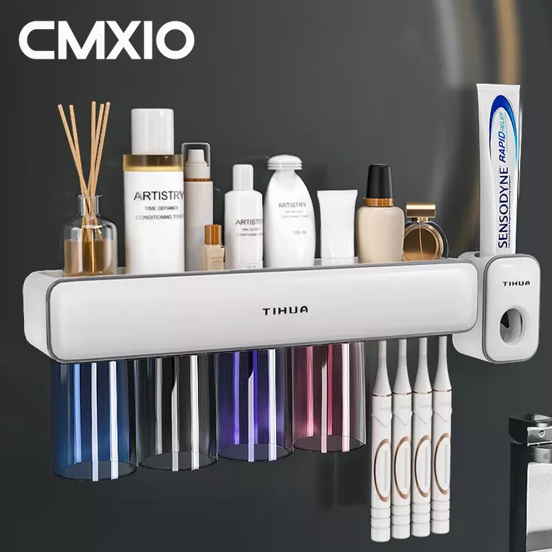 

CMXIO 2/3/4 Cup Toothbrush Rack Free Punch Toothbrush Holder Automatic Toothpaste Squeezer Classified Storage Bathroom Organizer