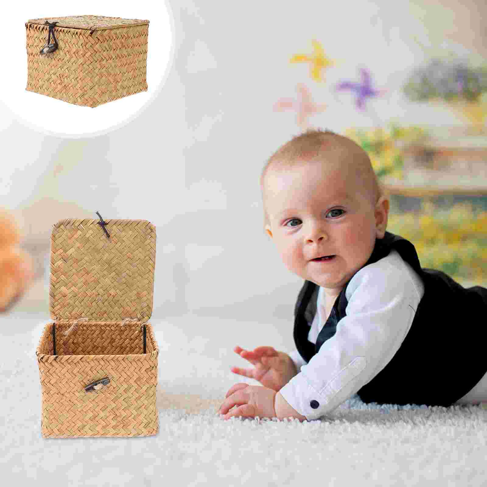 

Toys Storage Organizer Straw Woven Box Makeup Organizer Desk Wicker Basket Lid Tea Organizer Drawer Seagrass Baskets Lids Shelf