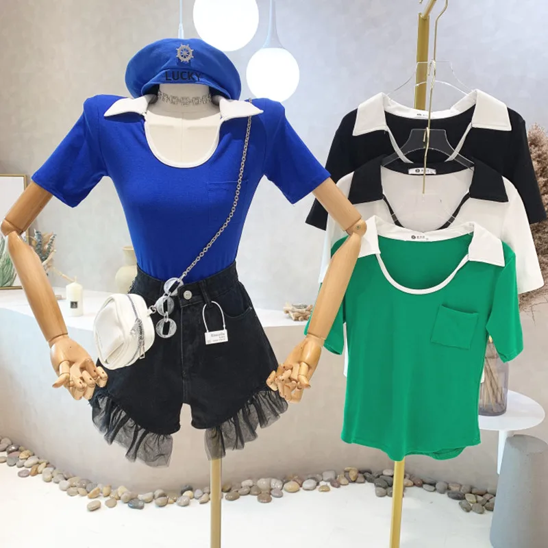 

Новинка Женская одежда лето 2022 облегающая футболка с коротким рукавом контрастная короткая рубашка Топ