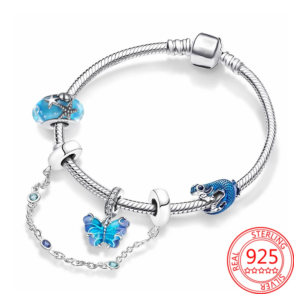 

New Arrivals Bracelet Set 925 Sterling Silver Blue Murano Glass Butterfly Dangle Charm Metallic Blue Gecko Beads Safety Chain
