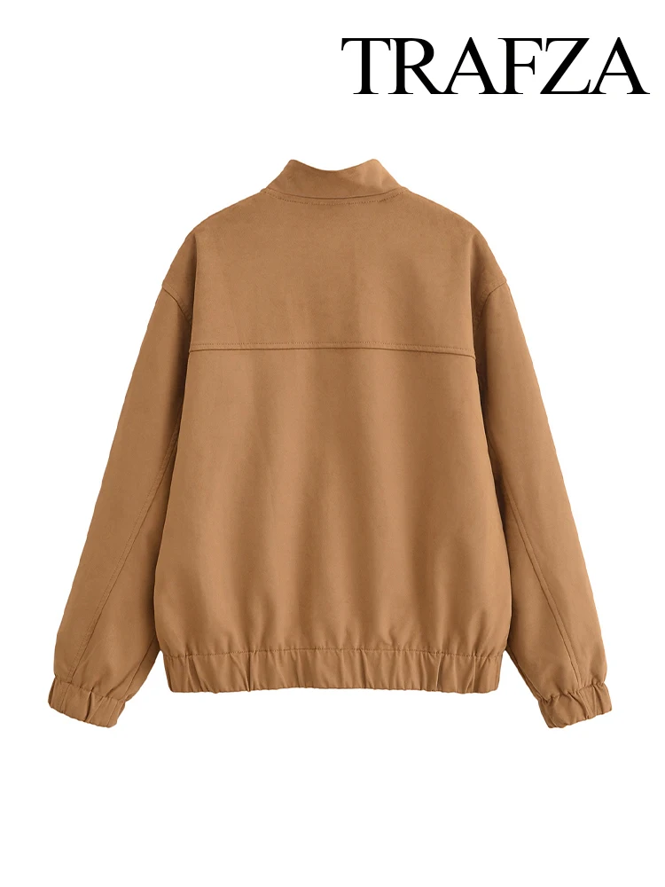 TRAFZA Women's Fashion Retro Versatile Suede Texture Effect Bomber Jacket Female Pocket Decorated Zipper High Street Casual Coat