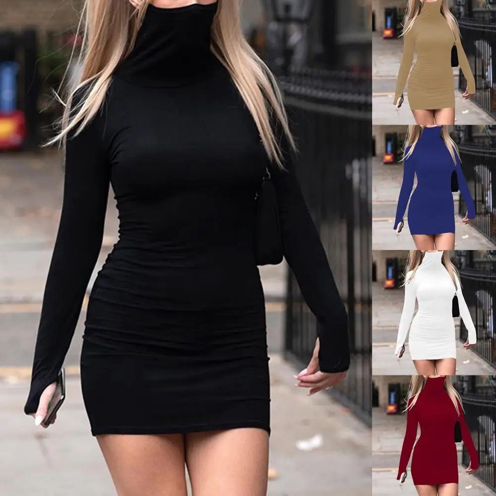 

Sexy Women Fashion Solid Color Dress Long Sleeve 2020 High Collar with Face Cover Women's Clothing женское платье vestidos