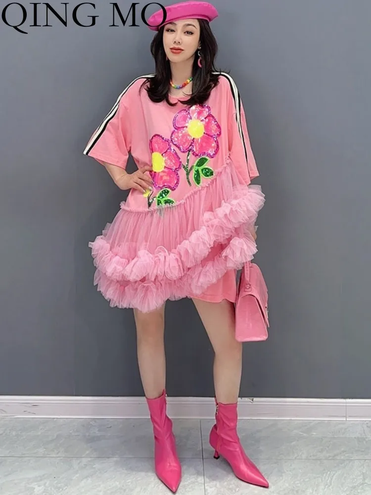 

QING MO 2023 Summer New Casual Sequin Flower Splice Mesh Edge Women Dress Fashion Cute Above Knee Dress Pink Black ZXF2759
