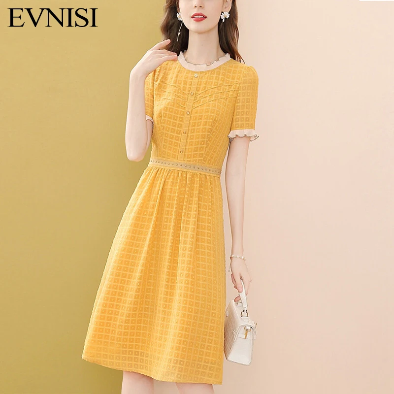 

EVNISI Fashionable Yellow Plaid Chiffon Dress Women Summer 2022 New Button Up Dresses A-line Elegant Casual Vestidos