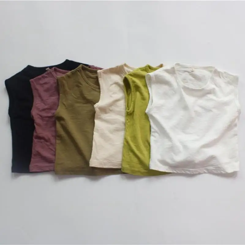 

Korean Kids Slub Cotton Sleeveless T-Shirts 2022 Summer Baby Boys Girls Solid Casual Vest Tees Tops Toddler Child Singlets Tanks