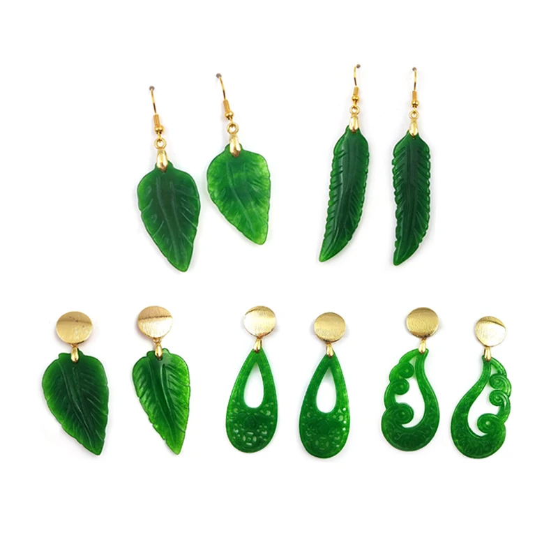

Elegant Natural Green Jade Hand Carved Earrings Studs for Women Leaves Water Drop Shape Hollow Fashion Design Craft Jewelry Gift
