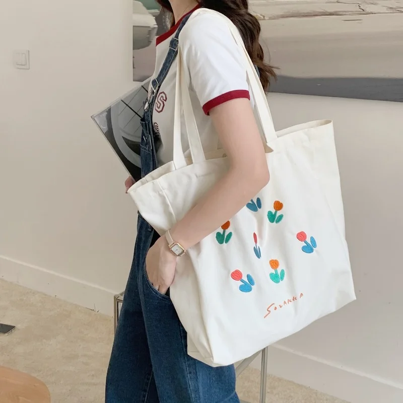 

Women Canvas Shoulder Shopping Bag Big Woman Large Eco Cotton Cloth Shopper for School Tulip Handbag Tote Bags for Girls 2022