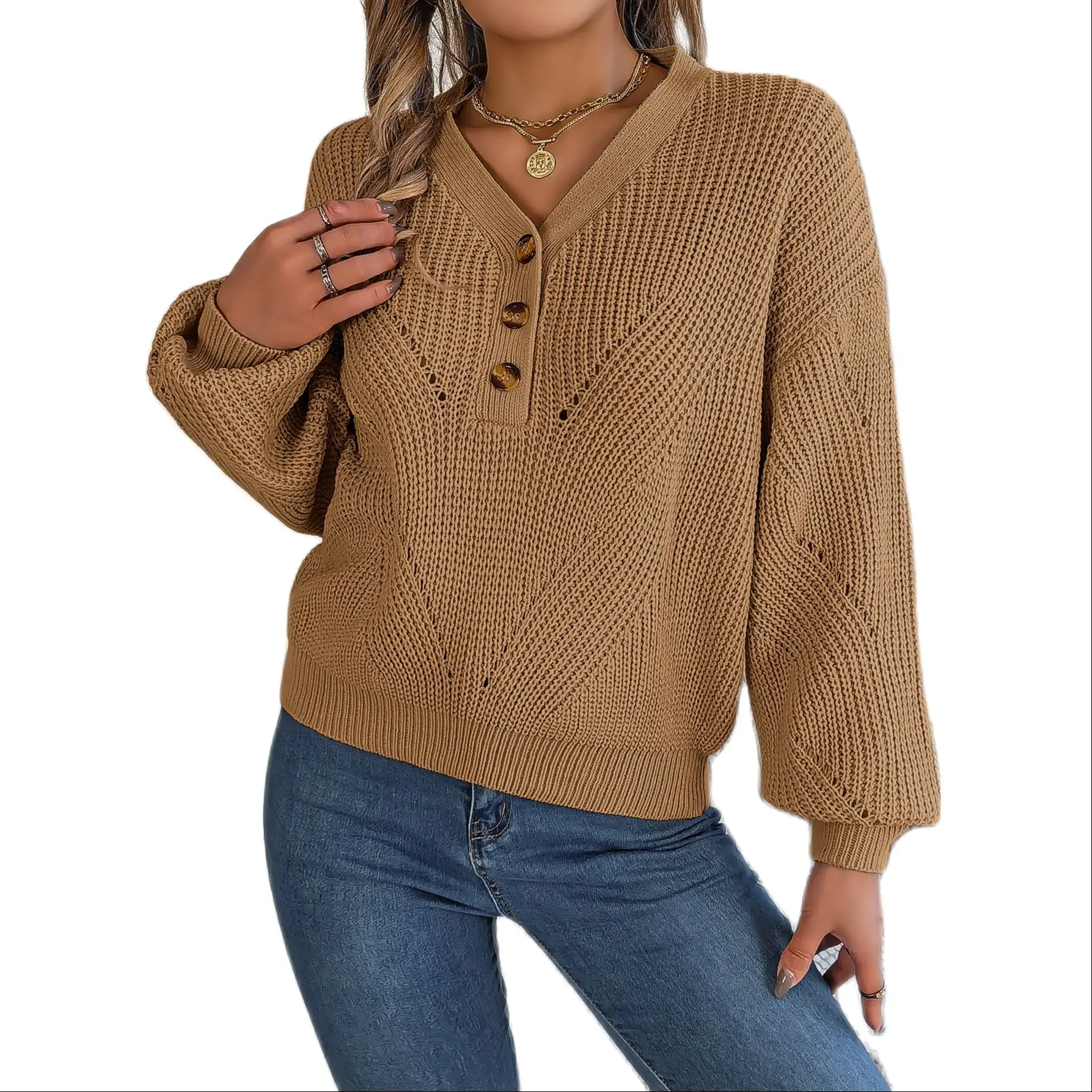 

Женский пуловер с V-образным вырезом, на пуговицах