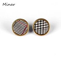 fashion houndstooth plaid fabric round stud earrings for women elegant black white circle button earrings vintage jewelry woman