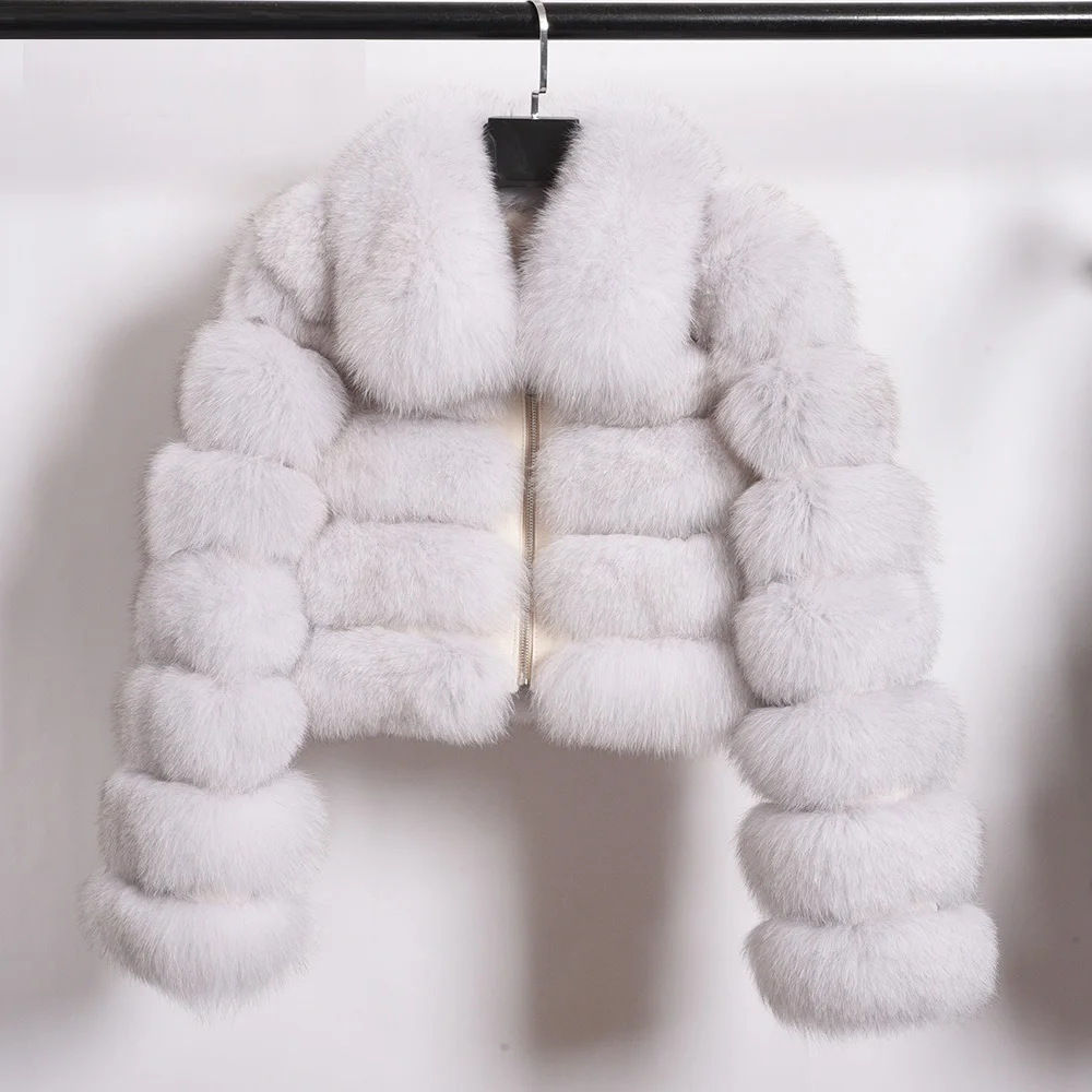 Women's Real Fox Fur Short Jacket Winter Warm Thick Coat Fluffy Full Sleeve Soft Overcoat High Quality Fur Stand Collar Clothing