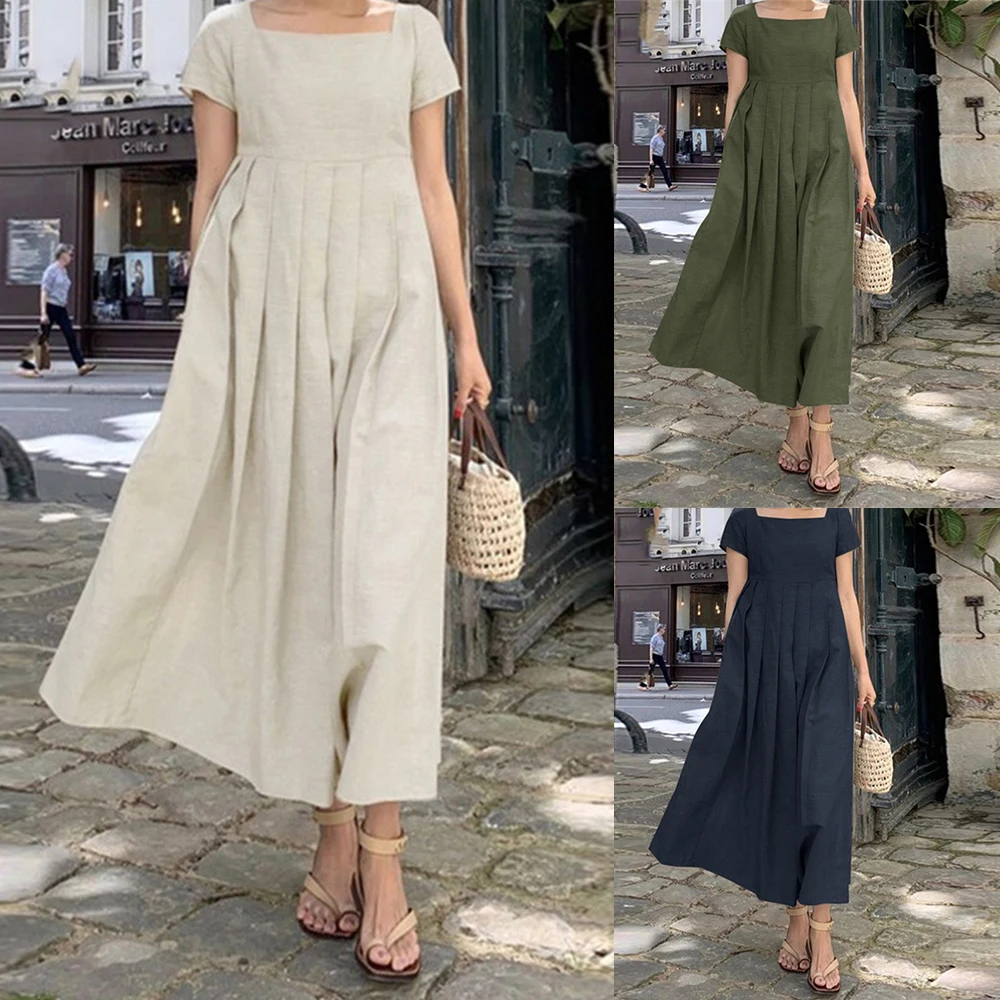 

Винтажное однотонное платье-футболка средней длины, повседневное длинное платье из хлопка и льна с коротким рукавом в стиле Харадзюку, Женский Летний Сарафан Макси