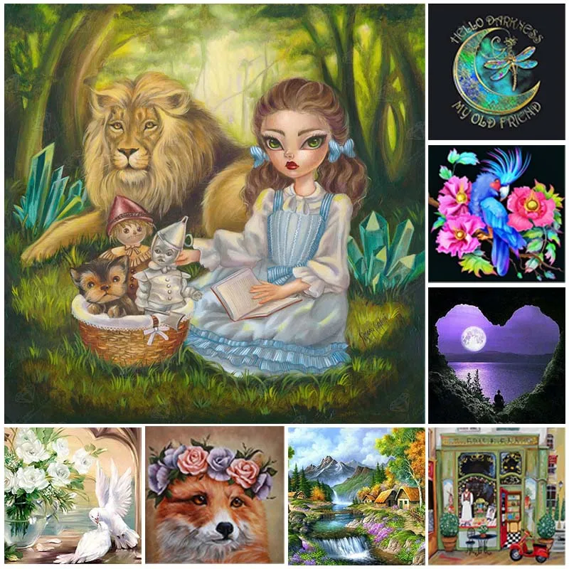 

DIY Diamond Painting Landscape Bird Owl Dragonfly Girl Lion Fox Moon Embroidery Scenery Mosaic Art Picture of Rhinestones Decor