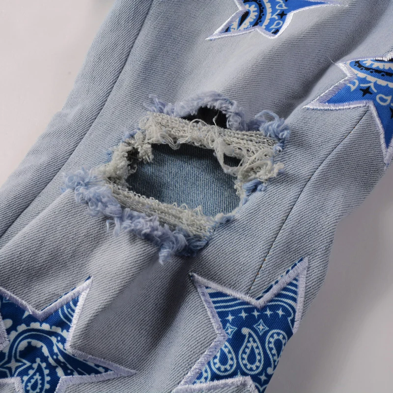 Fashion Streetwear Men Jeans Retro Light Blue Elastic Slim Fit Ripped Jeans Men Stars Patch Designer Hip Hop Brand Pants Hombre