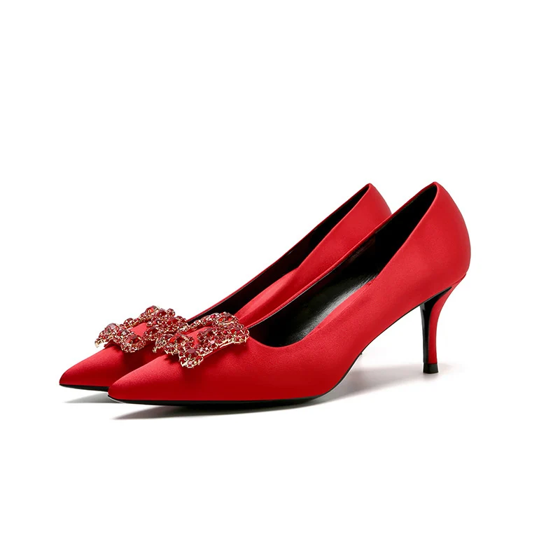 

Women Bridal Wedding Shoes Faux Silk Satin Rhinestone Crystal Shallow Pumps Stiletto High Heel Elegant Ladies Party Wedding Shoe