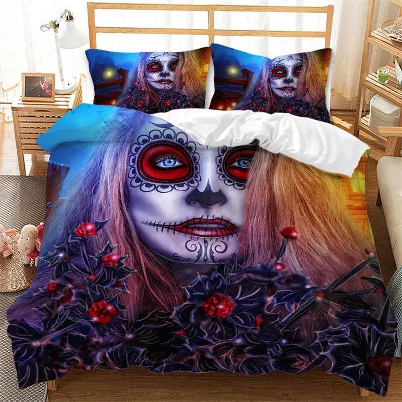

Sugar Skull Duvet Cover Gothic Skeleton Floral Bedding Set Polyester Halloween Horror Theme Comforter Cover King For Boys Girls